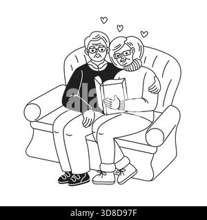 Illustration d'un couple âgé assis étroitement sur un canapé confortable partageant un livre. Cette image réconfortante capture l'essence de la compagnie et de la lov Illustration de Vecteur