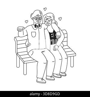 Une charmante illustration blackandwhite représente un couple âgé assis près d'un banc, souriant avec amour et affection entouré de cœurs. Illustration de Vecteur