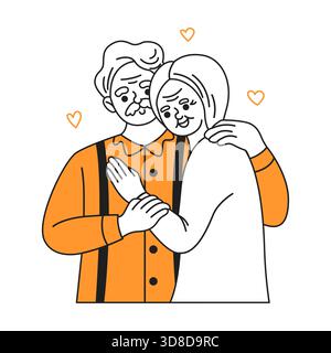 Cette illustration de dessin au trait représente un couple âgé s'embrassant chaleureusement. Les cœurs planent autour d'eux, dépeignant l'affection et la compagnie. Illustration de Vecteur