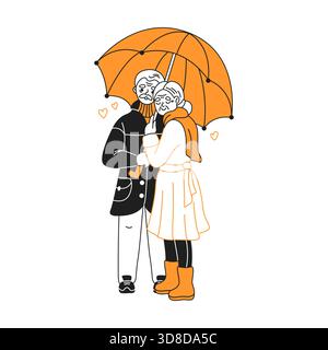 Illustration d'un couple de personnes âgées aimant debout à proximité, partageant un parapluie orange. Ils sont habillés chaudement avec des cœurs autour d'eux, symbolisant romain Illustration de Vecteur