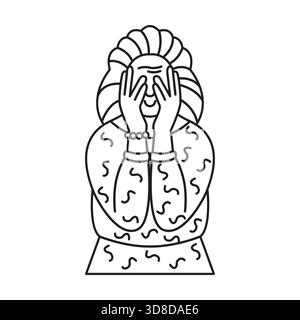 Dessin au trait minimaliste représentant une personne couvrant son visage dans la surprise ou l'incrédulité portant une tenue à motifs et des accessoires de bijoux. Illustration de Vecteur