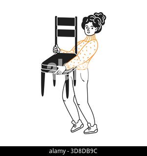 Illustration d'une femme dans un pull soulevant une chaise avec un design simple et propre. Elle porte un pantalon décontracté et des baskets, exprimant la simplicité A. Illustration de Vecteur