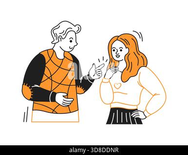 Deux personnes souriantes dans une tenue décontractée s'engageant dans une conversation amicale. Style d'art au trait noir et orange sur un fond blanc. Représente communique Illustration de Vecteur