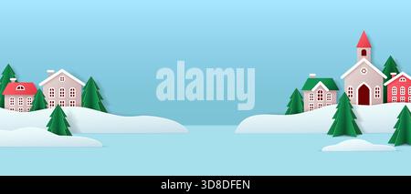 Illustration d'un village enneigé avec des maisons et des arbres. Scène hivernale festive aux couleurs pastel, parfaite pour les thèmes de vacances et les décorations saisonnières. Illustration de Vecteur