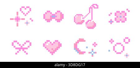 Définir des éléments de pixel mignons, étoiles girly, arcs, coeur. Fleurs de printemps et cerise y2k rétro jeu 8 bits icônes. Collection de pixels. Illustration vectorielle Illustration de Vecteur