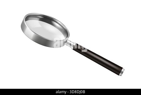 Illustration d'une loupe réaliste avec un rebord métallique brillant et une lentille transparente. La loupe a une poignée noire élégante réfléchissant la lumière. Illustration de Vecteur