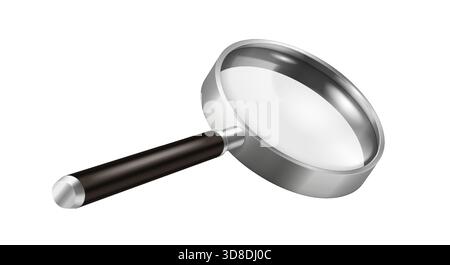 Illustration détaillée d'une loupe avec un cadre métallique et une poignée noire isolée sur un fond blanc, mettant en valeur une lentille transparente pour la mise au point. Illustration de Vecteur