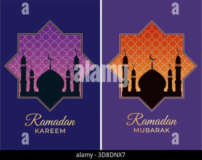 Ensemble de cartes de voeux de Ramadan vectoriel avec une silhouette de mosquée et des motifs géométriques. Ramadan Kareem, Ramadan Moubarak. Illustration de Vecteur