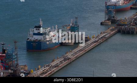 Southampton, autorité unitaire, Royaume-Uni, 30 octobre 2025 : Fawley Refinery Tankers Loading Aerial. Banque D'Images