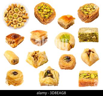 ensemble de diverses pièces de baklava découpées sur fond blanc Banque D'Images
