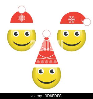 Joyeux Noël et bonne année illustration. Smileys jaunes dans un chapeau du nouvel an sur un fond blanc Illustration de Vecteur