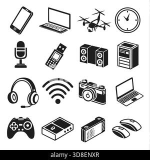 “Générez 20 icônes de technologie de silhouette noire dans un style vectoriel plat simple. Utilisez des formes noires Unies avec des bords nets et nets et sans dégradés. Illustration de Vecteur