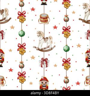 Modèle sans couture avec chevaux à bascule, casse-noix, cloches, cadeaux, tambours, et des ornements, peints dans un style aquarelle doux. Idéal pour l'emballage de Noël Banque D'Images