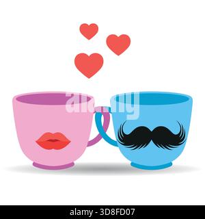 Illustration de tasses roses et bleues avec du café et des coeurs sur fond blanc. Illustration de Vecteur