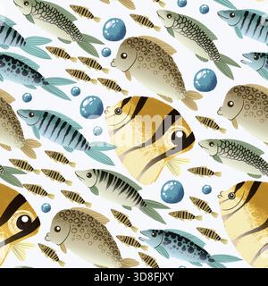 Motif coloré de poisson de mer avec des animaux sous-marins tropicaux dans un design sans couture vectoriel vibrant Illustration de Vecteur
