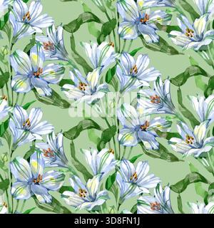 Motif aquarelle sans couture avec d'élégantes fleurs d'alstroemeria blanches et bleues et des feuilles vertes fraîches. Un design botanique délicat parfait pour les textiles Banque D'Images