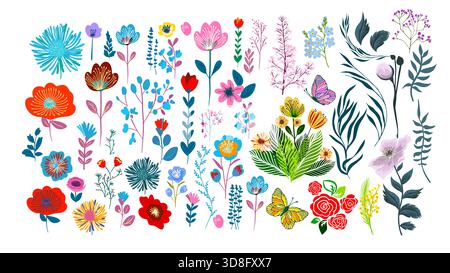 Ensemble de différentes fleurs vectorielles colorées. dessiné à la main. Pas ai, illustration vectorielle Illustration de Vecteur