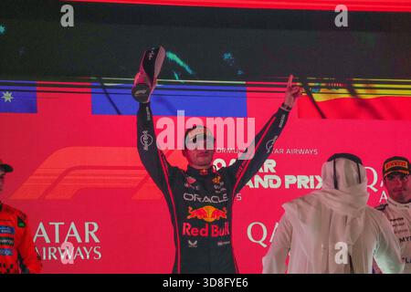 Doha, Qatar. 30 novembre 2025. Célébrations du podium lors de la course du Grand Prix de formule 1 Qatar Airways Qatar 2025 sur le circuit international de Losail, avant la 23e manche du 24e Championnat du monde de formule 1 FIA 2025 (28 au 30 novembre 2025). (Crédits : Unicode images/Alamy Live News crédit : Unicode images/Alamy Live News Banque D'Images