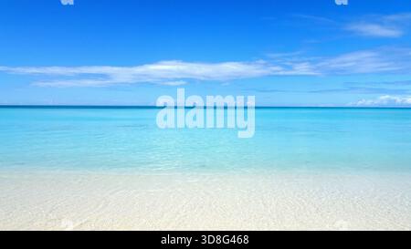 Une plage calme des Caraïbes avec des vagues douces et un horizon clair où le continent lointain rencontre le ciel. Banque D'Images