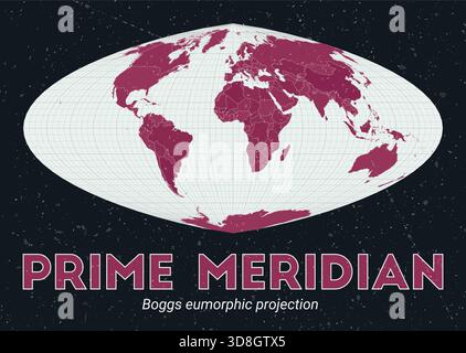 Premier méridien. Carte du monde. Projection eumorphique de Boggs centrée sur le méridien premier. Palette Pink foncé menthe pâle. Texture vintage. Illustration de Vecteur