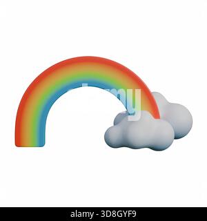 Illustration 3D d'un arc-en-ciel lumineux voûtant gracieusement avec deux nuages blancs lisses placés sur le côté droit. Banque D'Images