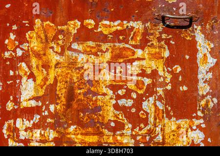 Gros plan d'une surface métallique fortement rouillée avec des zones importantes de peinture rouge écaillée et écaillée, révélant la corrosion sous-jacente. Banque D'Images