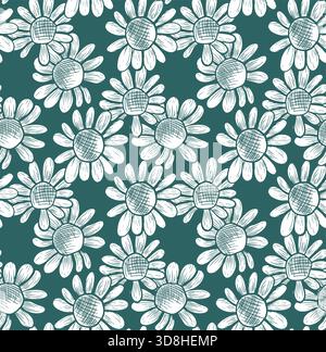 Modèle vectoriel sans couture avec des fleurs de Marguerite sur un fond turquoise. Illustration botanique monochrome avec des fleurs sauvages. Dessin au trait dessiné à la main avec flo Banque D'Images