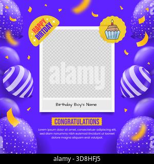 Joyeux anniversaire message de médias sociaux pour les enfants Design avec des ballons et confettis modèle Illustration de Vecteur