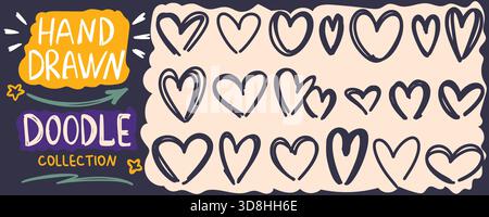 Ensemble de coeurs de doodle dessiné à la main. Encre icônes simples et décontractées de symboles d'amour. Éléments graphiques pour notes, agenda et collage. Vecteur, esquisse Illustration de Vecteur