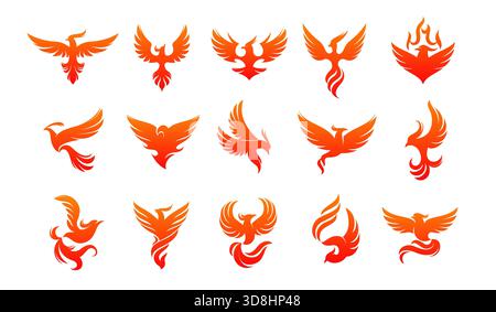Icônes de silhouette phoenix brûlantes. Signes simples stylisés, silhouettes mythiques d'oiseaux de feu, logo business avec flamme, symbole de renaissance de force, isolé Illustration de Vecteur