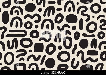 Seamless formes et courbes dessinées à la main aléatoires en noir sur fond crème, composition ludique. Illustration de Vecteur