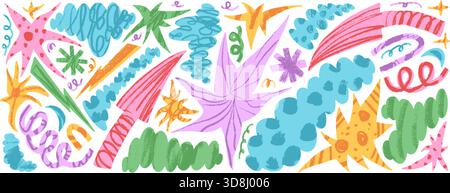 Découpe d'album en papier géométrique abstrait. Forme d'étoiles, flèche déchiré morceaux de papier ensemble avec texture crayon. Autocollant découpé dessiné à la main irrégulier blob an Illustration de Vecteur