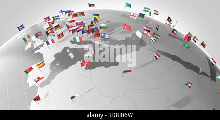 Frontières et drapeaux des pays de la mer Méditerranée - illustration 3D. Banque D'Images