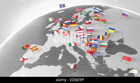 Europe - frontières des pays et drapeaux - illustration 3D. Banque D'Images