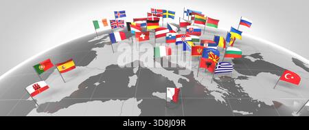 Europe - frontières des pays et drapeaux - illustration 3D. Banque D'Images