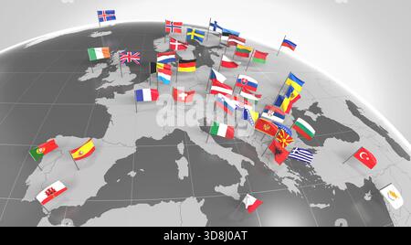 Europe - frontières des pays et drapeaux - illustration 3D. Banque D'Images
