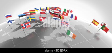Europe - frontières des pays et drapeaux - illustration 3D. Banque D'Images