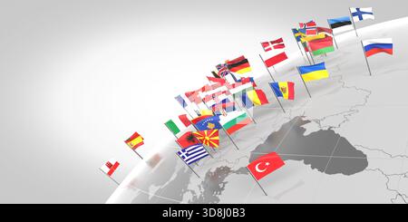 Europe - frontières des pays et drapeaux - illustration 3D. Banque D'Images