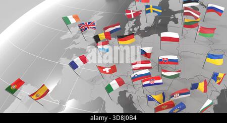 Europe - frontières des pays et drapeaux - illustration 3D. Banque D'Images