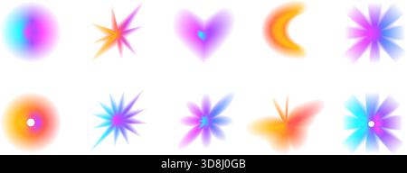 Formes de flou dégradés de néon transparents. Aura effet flou doux coeur, cercle. Y2K esthétique violet, figures bleues. Les éléments géométriques abstraits maillent trans Illustration de Vecteur