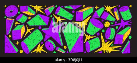 Formes géométriques abstraites dessinées à la main avec texture crayon. Eléments géométriques colorés au néon dans les traceurs naïfs de marqueurs. Figure vectorielle organique de contour Illustration de Vecteur