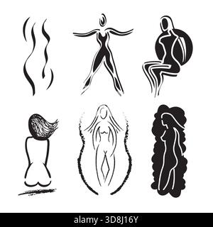 Ensemble d'icônes de corps de femme - nature, Sports et Fitness Vector Design en noir et blanc Illustration de Vecteur