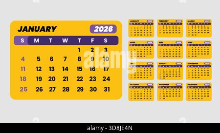 Ensemble de calendrier mensuel de l'année 2026 avec motif jaune gras et violet Illustration de Vecteur