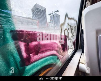 France, hauts de France, Nord, Lille, SNCF TER train, avec graffiti Banque D'Images