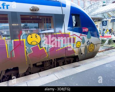 France, hauts de France, Nord, Lille, SNCF TER train, avec graffiti Banque D'Images