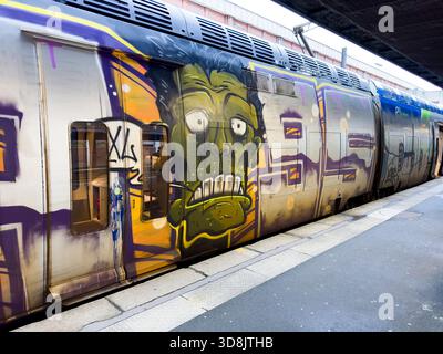 France, hauts de France, Nord, Lille, SNCF TER train, avec graffiti Banque D'Images