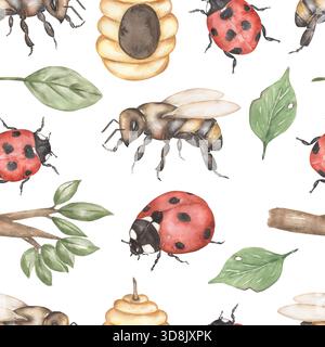Motif sans couture d'abeille et de coccinelle aquarelle, papier de répétition d'insectes, impression de vie sauvage Banque D'Images