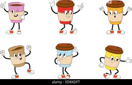 Caractère groovy de café. Emportez une tasse de boisson chaude avec diverses poses. Caractères positifs avec thé ou cacao, chocolat liquide. Vecteur rétro-néotérique Illustration de Vecteur