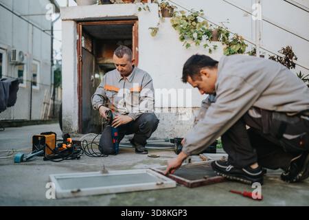 Deux ouvriers utilisant des outils électriques pour la rénovation extérieure et les réparations sur un patio en béton Banque D'Images