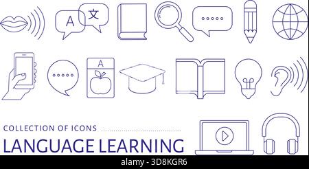 Collection d'icônes apprentissage de langue. En ligne, école, éléments éducatifs et icônes, style minimaliste linéaire Illustration de Vecteur